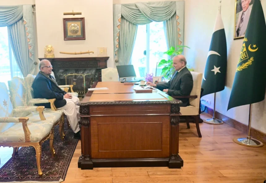 Prime Minister Shehbaz Sharif meets Federal Minister Riaz Hussain Pirzada in Islamabad