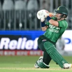 Maaz Sadaqat batting for Pakistan during a cricket match