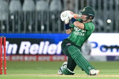 Maaz Sadaqat batting for Pakistan during a cricket match