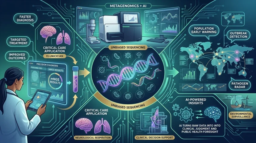 Illustration of metagenomic sequencing and artificial intelligence used for infectious disease diagnosis