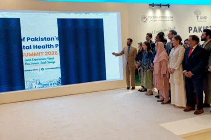 Federal Health Minister Syed Mustafa Kamal launching Pakistan’s National Mental Health Policy with WHO, UNICEF and GIHD-STMU representatives in Islamabad