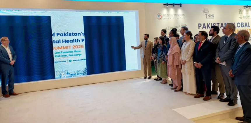 Federal Health Minister Syed Mustafa Kamal launching Pakistan’s National Mental Health Policy with WHO, UNICEF and GIHD-STMU representatives in Islamabad