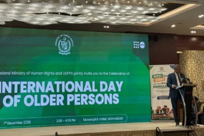 Senator Azam Nazeer Tarar addressing a ceremony on the International Day of Older Persons in Islamabad
