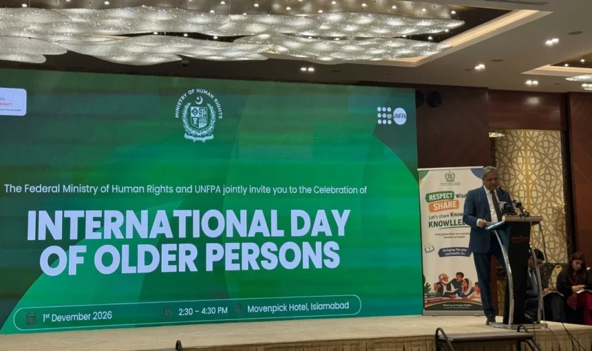 Senator Azam Nazeer Tarar addressing a ceremony on the International Day of Older Persons in Islamabad