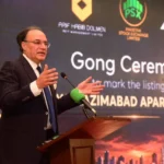 Finance Minister Muhammad Aurangzeb addressing gong ceremony at Pakistan Stock Exchange in Karachi