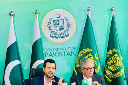 Barrister Danyal Chaudhry addressing a press conference in Islamabad