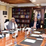 Finance Minister Senator Muhammad Aurangzeb chairing a Finance Division meeting on the retailers tax scheme
