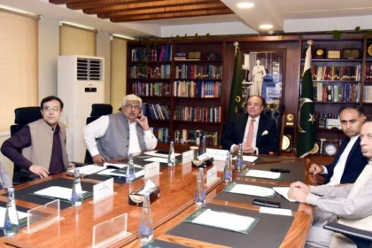 Finance Minister Senator Muhammad Aurangzeb chairing a Finance Division meeting on the retailers tax scheme
