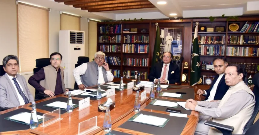 Finance Minister Senator Muhammad Aurangzeb chairing a Finance Division meeting on the retailers tax scheme