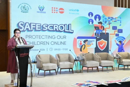 Federal Minister for IT Shaza Fatima speaking at Safe Scroll National Policy Dialogue