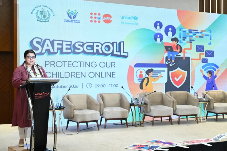 Federal Minister for IT Shaza Fatima speaking at Safe Scroll National Policy Dialogue
