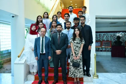 Pakistani students attending Türkiye Scholarships 2026 orientation at the Turkish Embassy in Islamabad